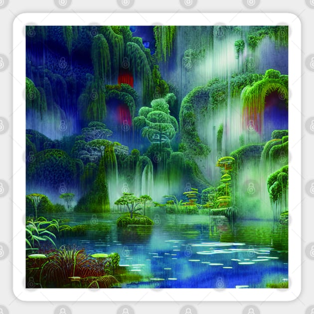 Magical Blue Landscape Painting with Peaceful Illustrations Magnet by Promen Art